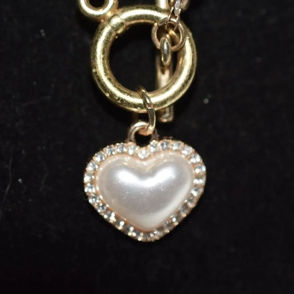 Glamorous Rhinestone Accent Heart Faux Pearl Gold Tone 16